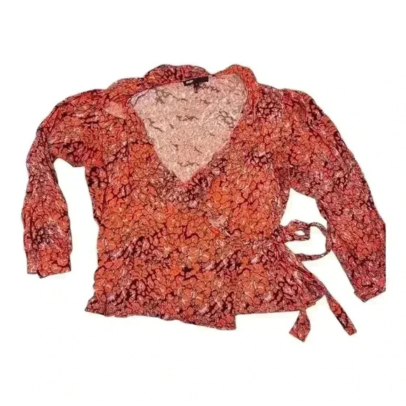 Maje Lito Wrap Blouse with Ruffles Leopard Animal Print Red Leopard, size 3 - Picture 2 of 10